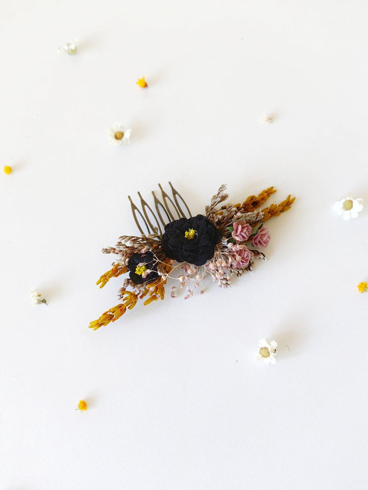 Ochre & Black Flower Hair Comb: Autumn Wedding Bridal Clip – handmade floral hair accessory by magaela
