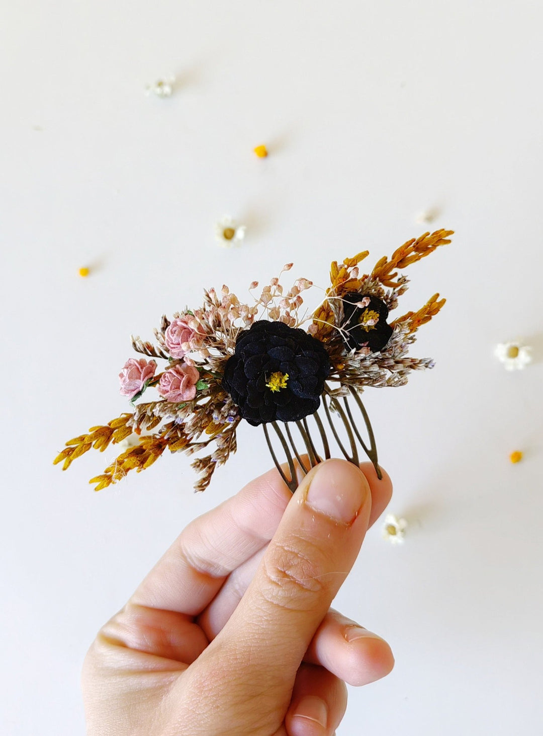 Ochre & Black Flower Hair Comb: Autumn Wedding Bridal Clip – handmade floral hair accessory by magaela