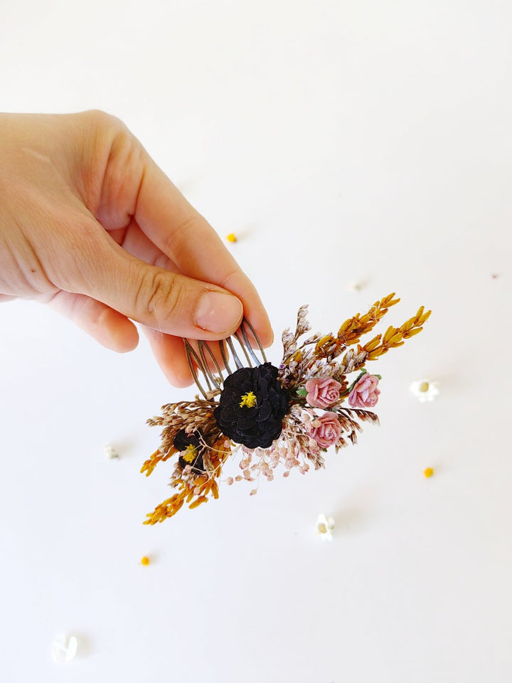 Ochre & Black Flower Hair Comb: Autumn Wedding Bridal Clip – handmade floral hair accessory by magaela