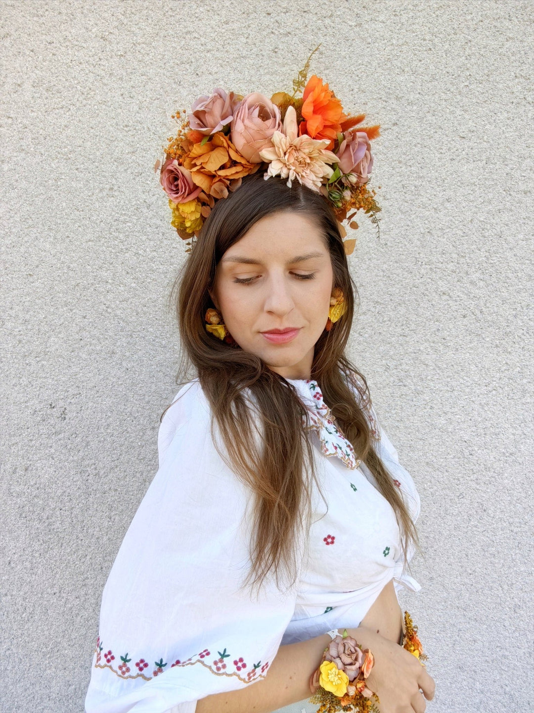 Ochre Floral Headband: Frida Inspired Boho Headpiece – handmade floral hair accessory by magaela