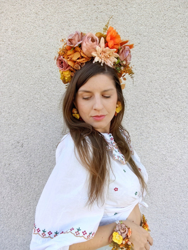 Ochre Floral Headband: Frida Inspired Boho Headpiece – handmade floral hair accessory by magaela