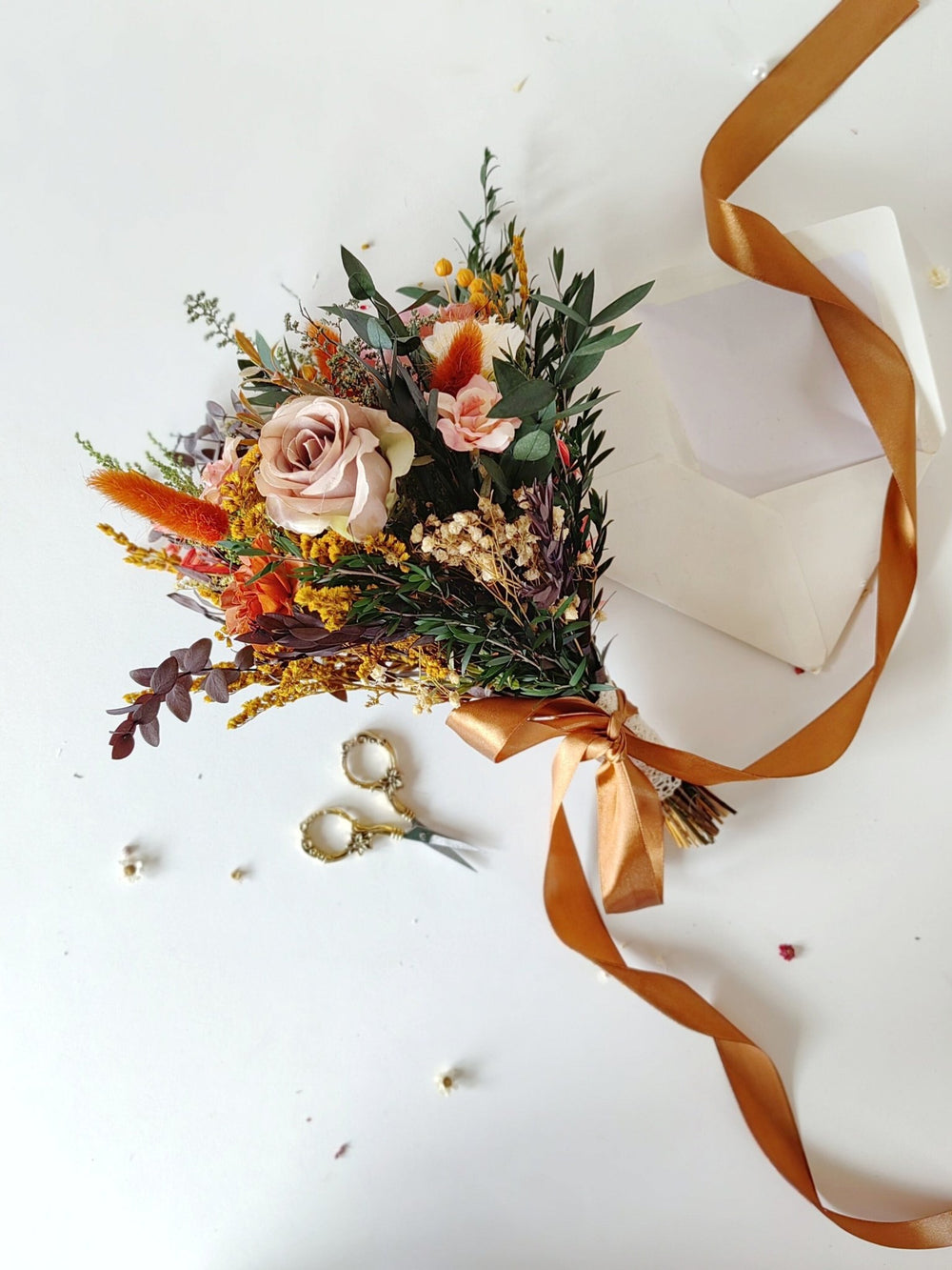 Rustic Terracotta Bridal Bouquet: Autumn Boho Wedding Flowers – handmade floral hair accessory by magaela