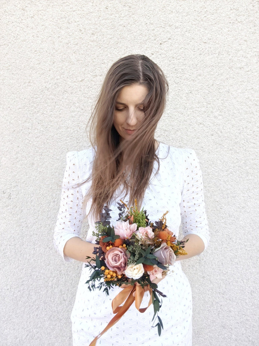 Rustic Terracotta Bridal Bouquet: Autumn Boho Wedding Flowers – handmade floral hair accessory by magaela