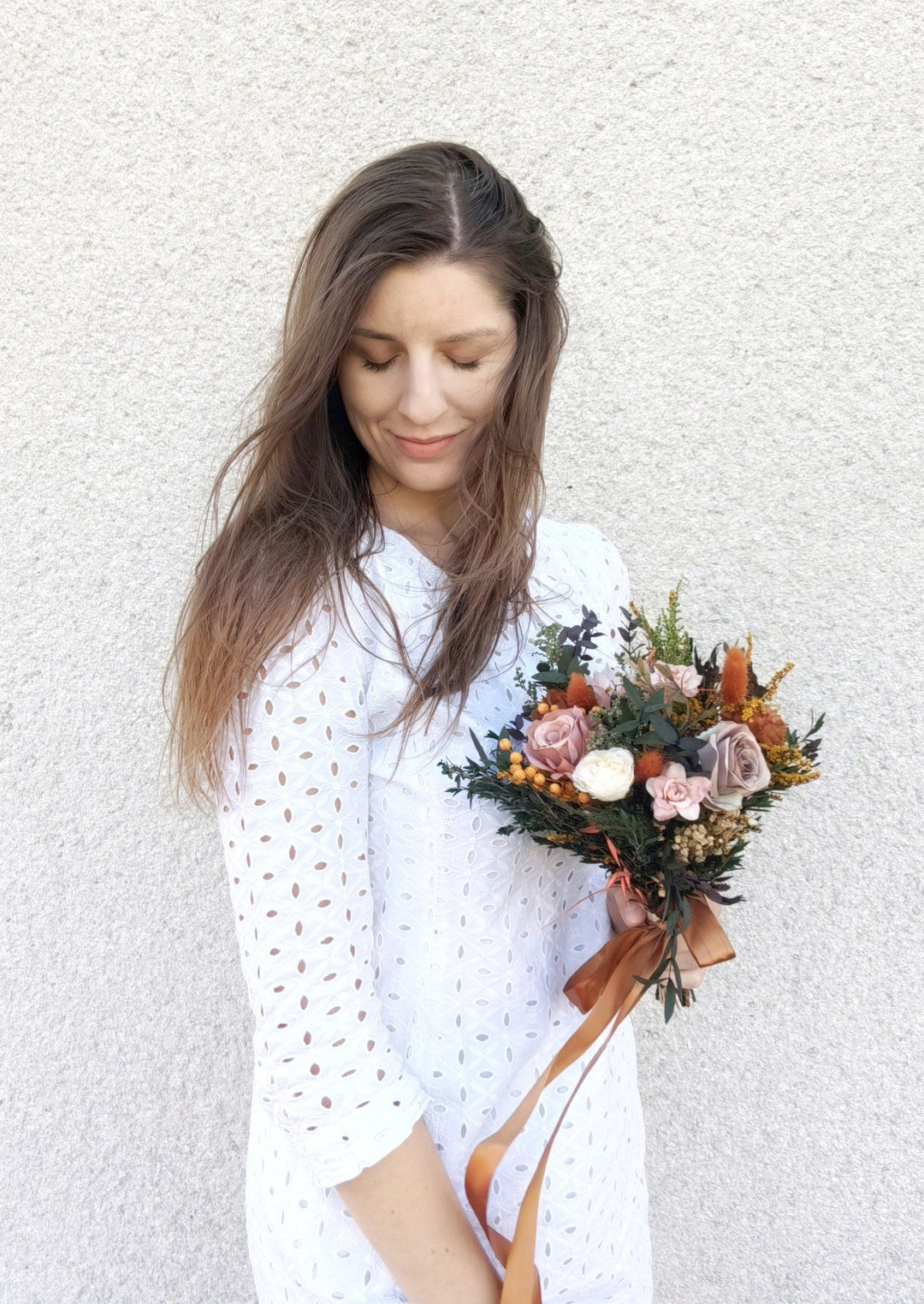 Rustic Terracotta Bridal Bouquet: Autumn Boho Wedding Flowers – handmade floral hair accessory by magaela