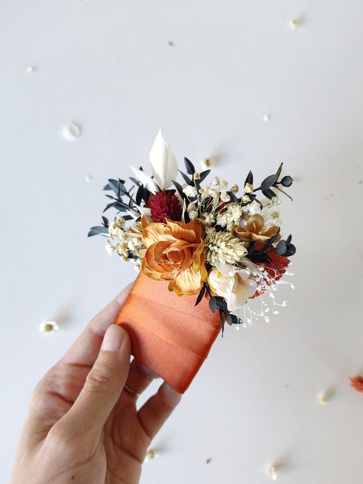 Terracotta Pocket Boutonniere: Rustic Autumn Wedding Accessory – handmade floral hair accessory by magaela