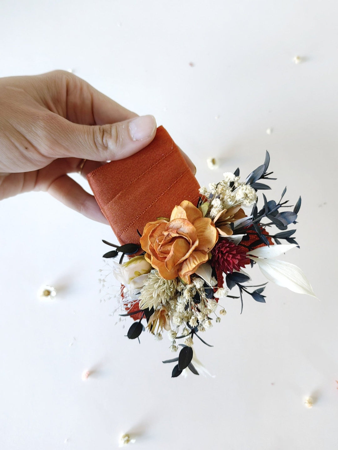 Terracotta Pocket Boutonniere: Rustic Autumn Wedding Accessory – handmade floral hair accessory by magaela