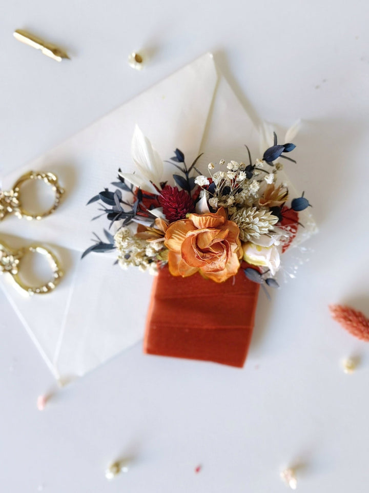 Terracotta Pocket Boutonniere: Rustic Autumn Wedding Accessory – handmade floral hair accessory by magaela