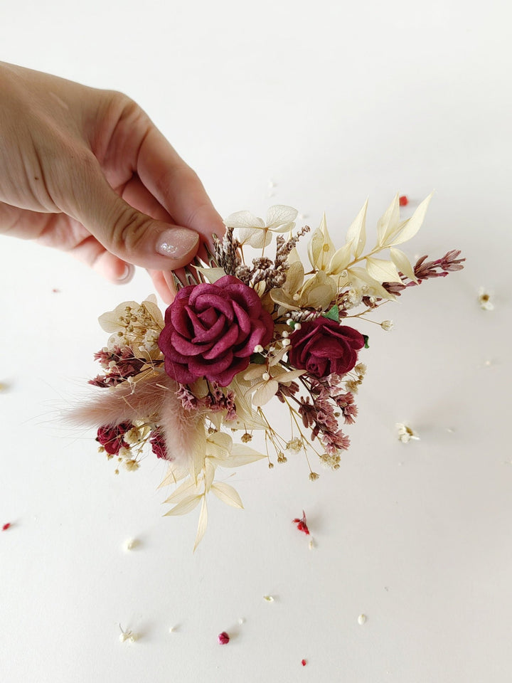 Burgundy Flower Hair Comb: Rustic Autumn Wedding Bridal Accessory – handmade floral hair accessory by magaela