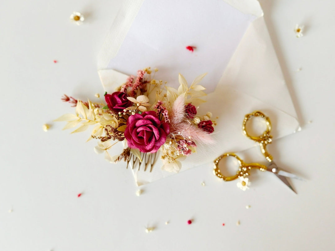 Burgundy Flower Hair Comb: Rustic Autumn Wedding Bridal Accessory – handmade floral hair accessory by magaela
