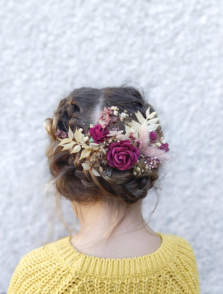 Burgundy Flower Hair Comb: Rustic Autumn Wedding Bridal Accessory – handmade floral hair accessory by magaela