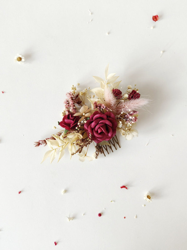 Burgundy Flower Hair Comb: Rustic Autumn Wedding Bridal Accessory – handmade floral hair accessory by magaela