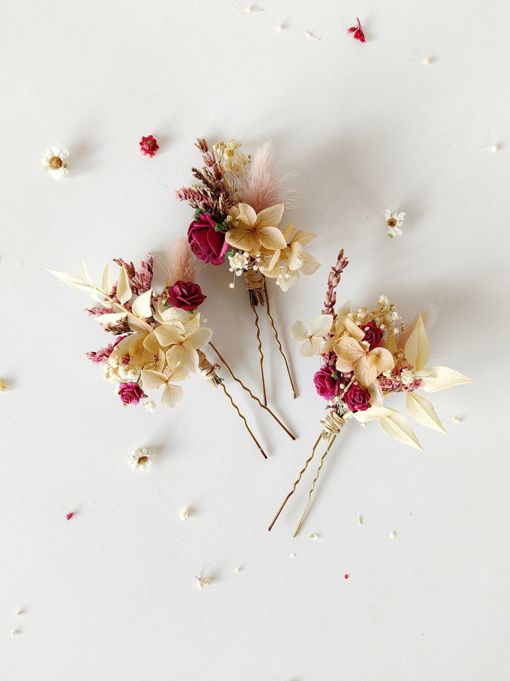 Burgundy Rose Hairpins: Autumn Wedding Bridal Hair Accessory – handmade floral hair accessory by magaela