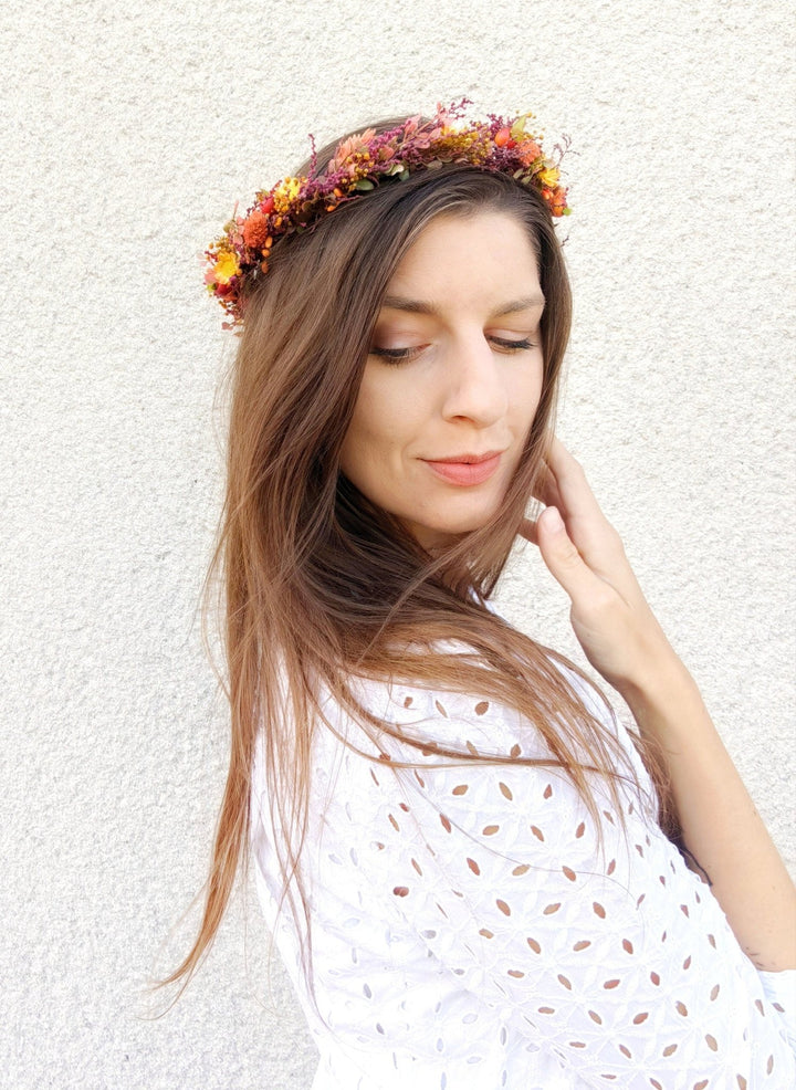 Autumn Flower Hair Crown: Rustic Boho Wedding Headpiece – handmade floral hair accessory by magaela