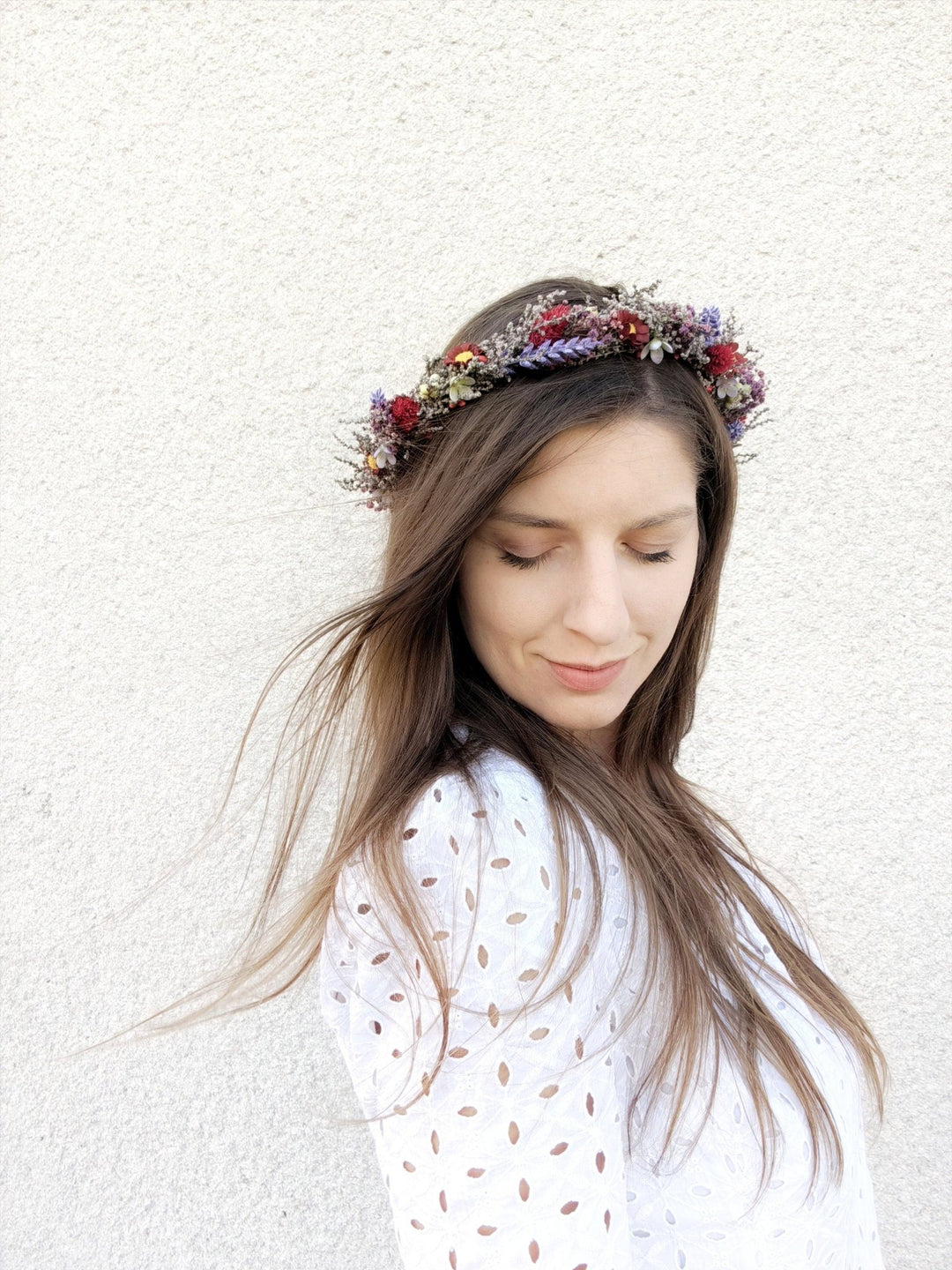 Meadow Flower Hair Crown: Red Purple Boho Wedding Headpiece – handmade floral hair accessory by magaela