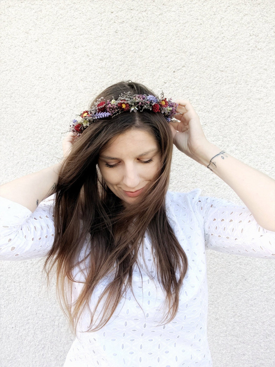 Meadow Flower Hair Crown: Red Purple Boho Wedding Headpiece – handmade floral hair accessory by magaela