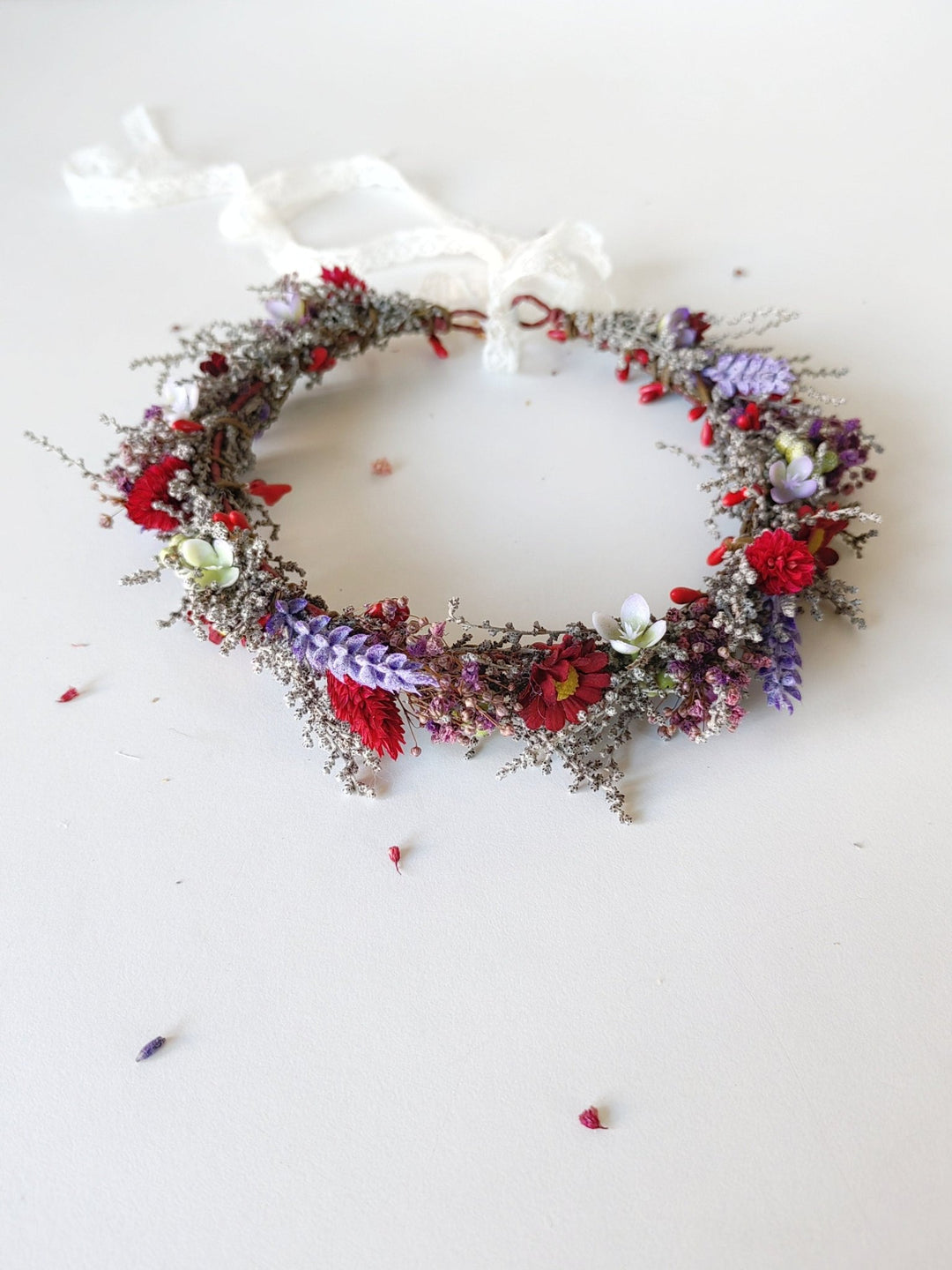 Meadow Flower Hair Crown: Red Purple Boho Wedding Headpiece – handmade floral hair accessory by magaela