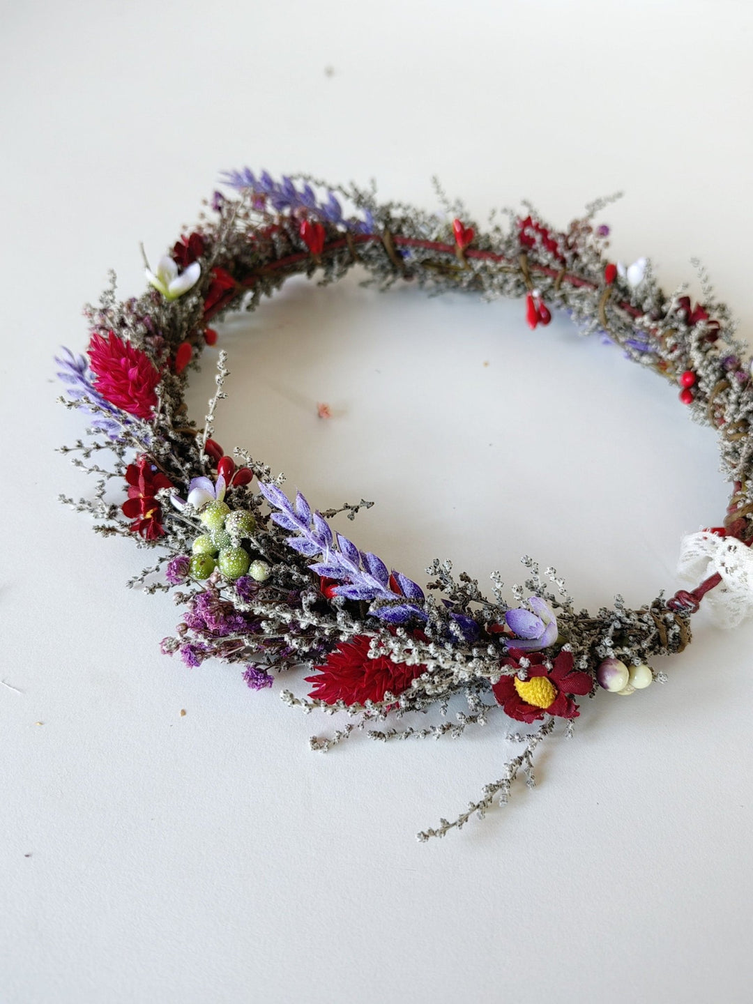 Meadow Flower Hair Crown: Red Purple Boho Wedding Headpiece – handmade floral hair accessory by magaela