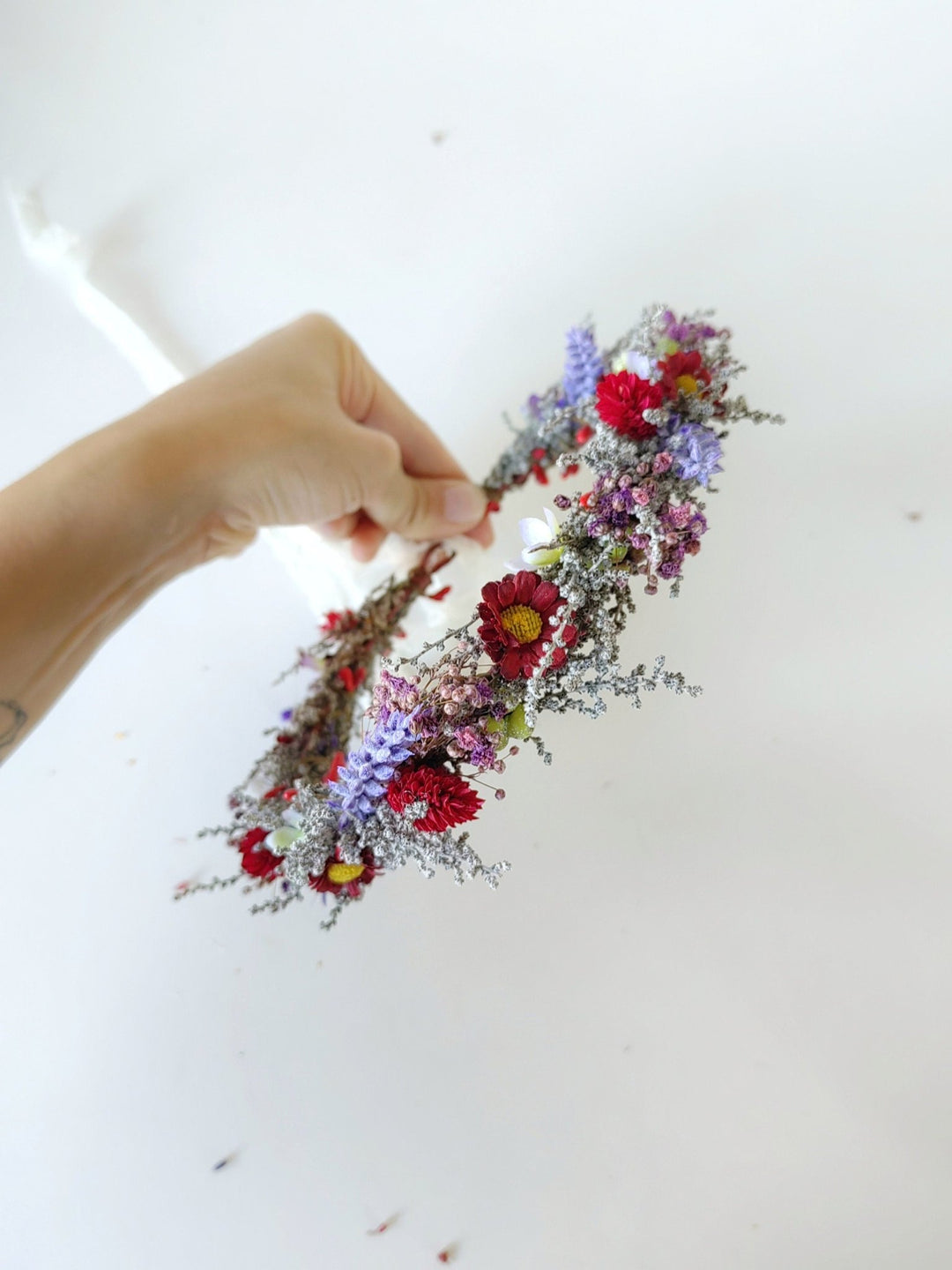 Meadow Flower Hair Crown: Red Purple Boho Wedding Headpiece – handmade floral hair accessory by magaela