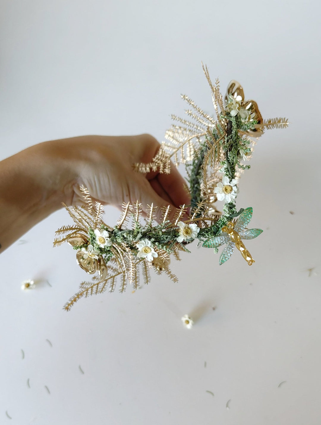 Gold Butterfly Bridal Tiara: Green Flower Pearl Crown – handmade floral hair accessory by magaela