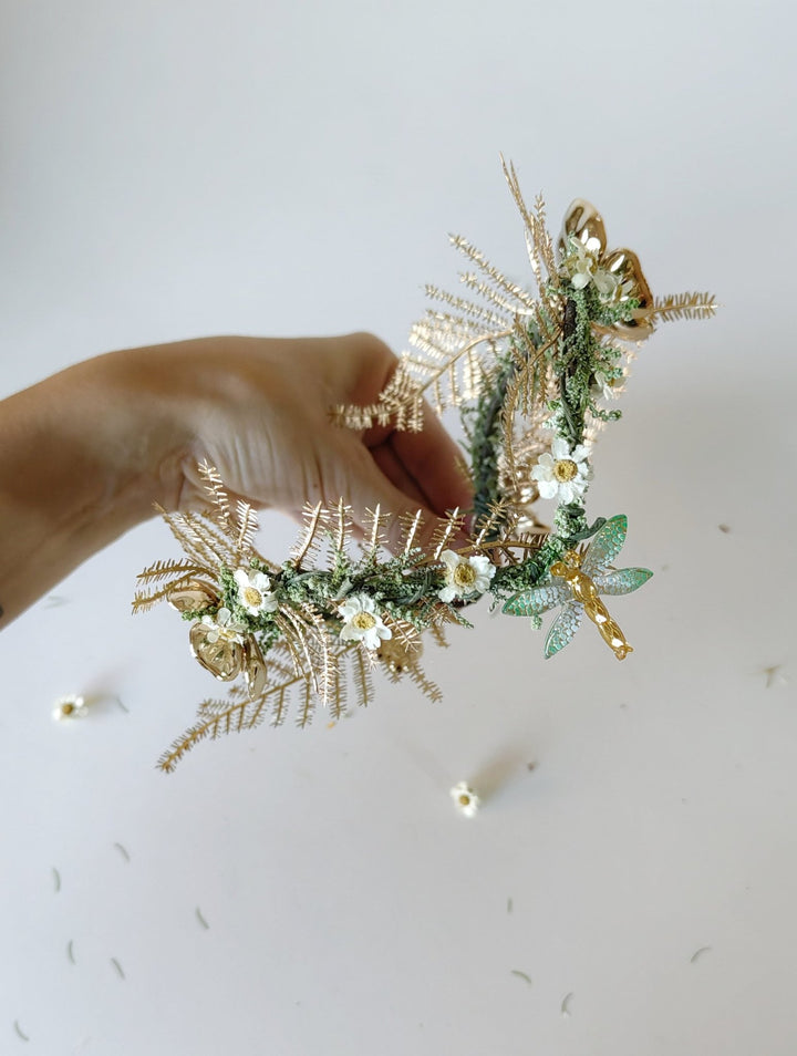 Gold Butterfly Bridal Tiara: Green Flower Pearl Crown – handmade floral hair accessory by magaela