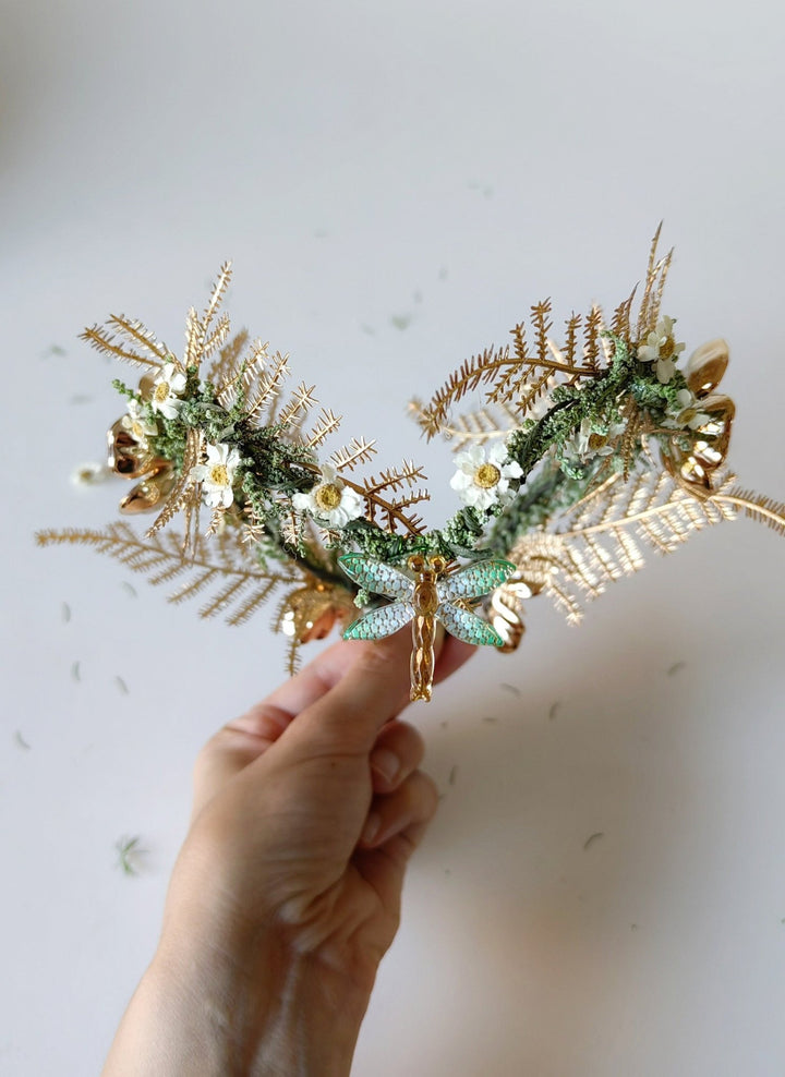 Gold Butterfly Bridal Tiara: Green Flower Pearl Crown – handmade floral hair accessory by magaela
