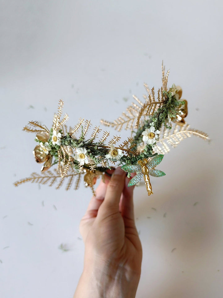 Gold Butterfly Bridal Tiara: Green Flower Pearl Crown – handmade floral hair accessory by magaela