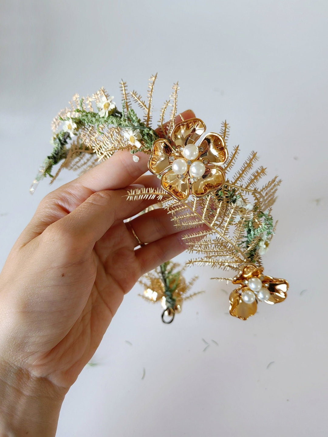 Gold Butterfly Bridal Tiara: Green Flower Pearl Crown – handmade floral hair accessory by magaela