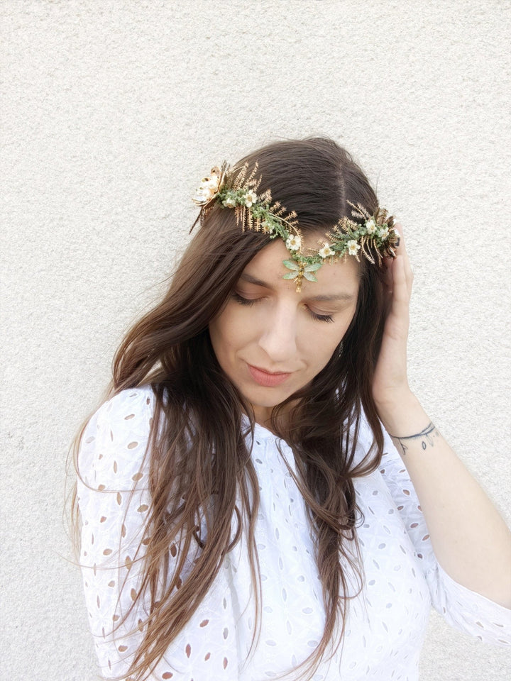 Gold Butterfly Bridal Tiara: Green Flower Pearl Crown – handmade floral hair accessory by magaela