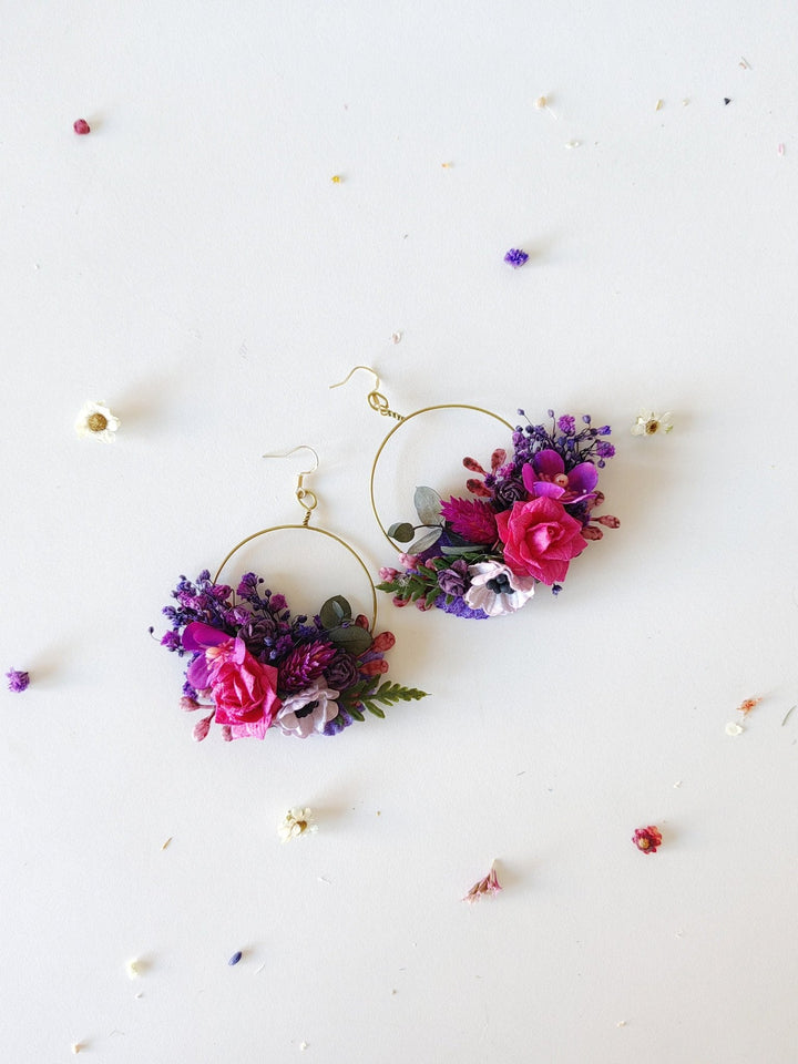 Magenta Flower Circle Earrings: Unique Wedding Jewelry – handmade floral hair accessory by magaela