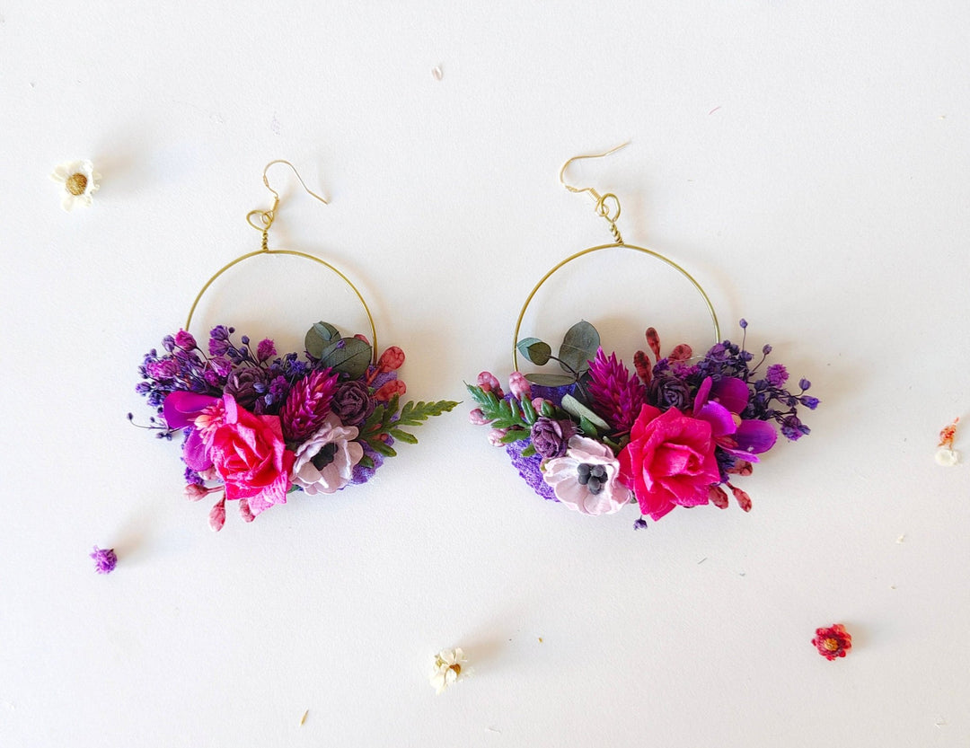 Magenta Flower Circle Earrings: Unique Wedding Jewelry – handmade floral hair accessory by magaela