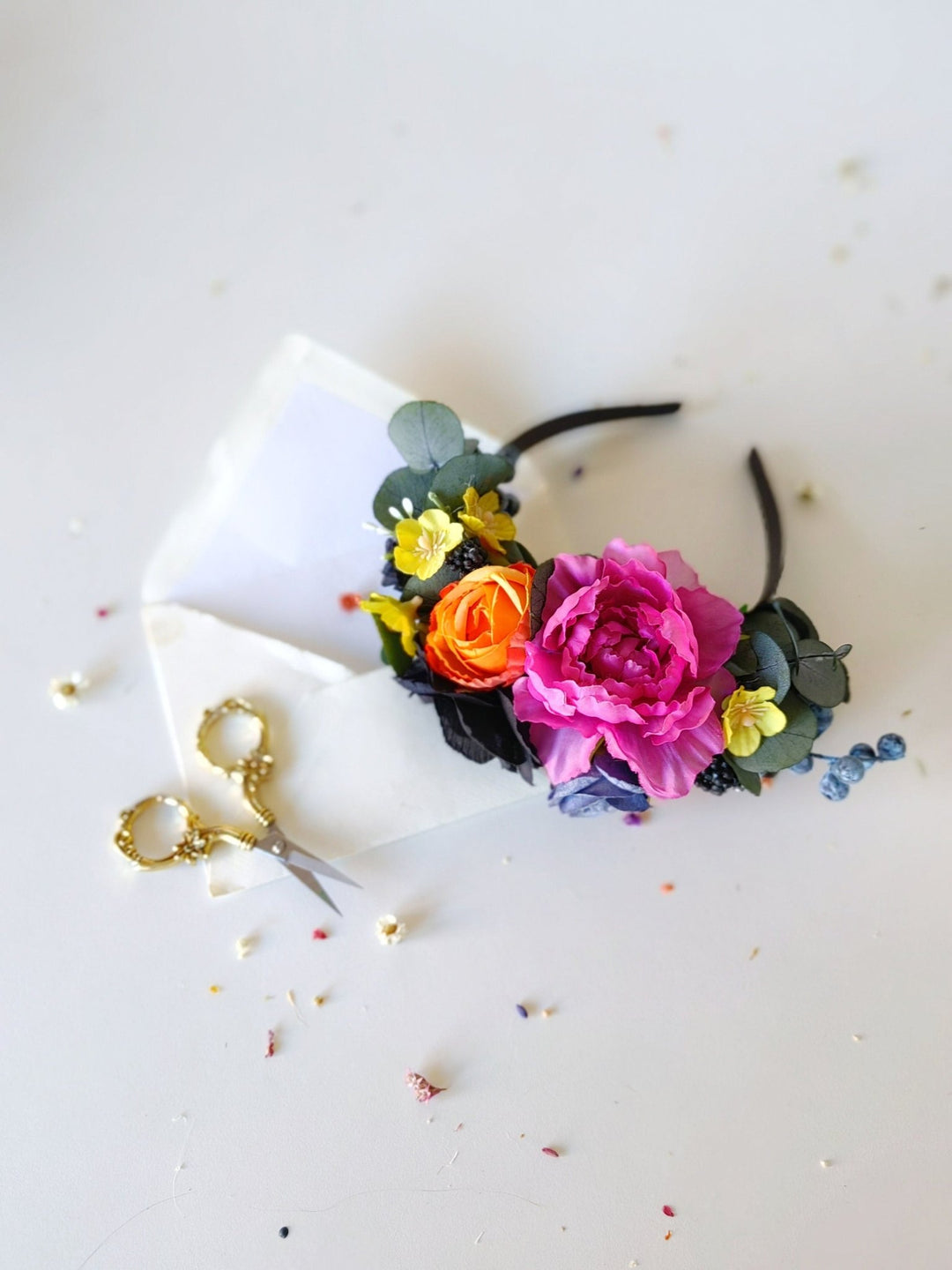 Frida Colorful Flower Headpiece: Summer wedding headband – handmade floral hair accessory by magaela