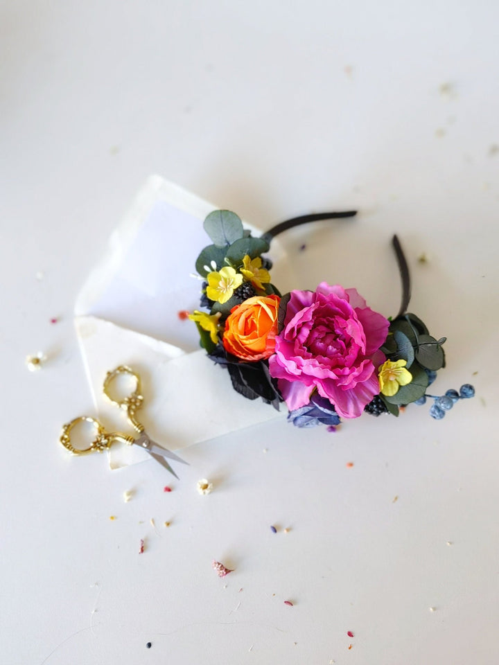 Frida Colorful Flower Headpiece: Summer wedding headband – handmade floral hair accessory by magaela