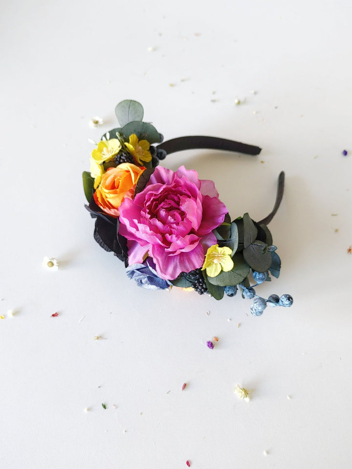 Frida Colorful Flower Headpiece: Summer wedding headband – handmade floral hair accessory by magaela