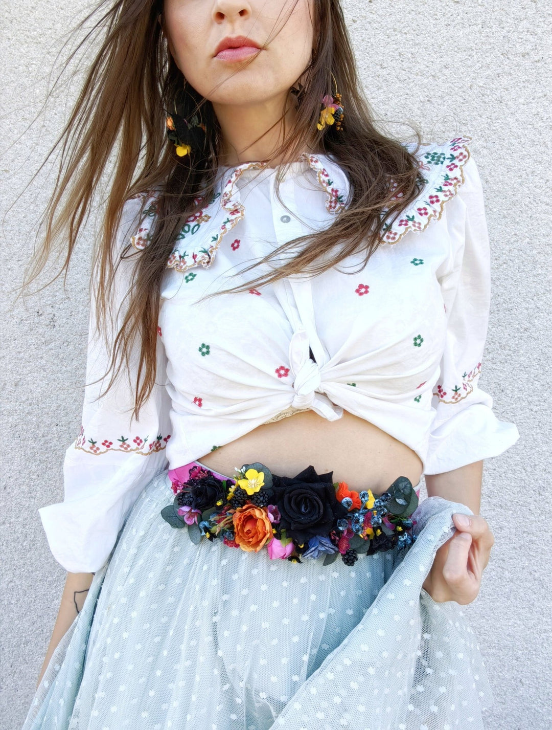 Black Rose Wedding Belt: Magenta Ribbon, Boho Bridal Flower Belt – handmade floral hair accessory by magaela