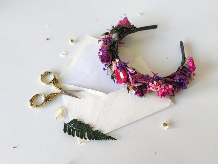 Magenta Purple Flower Headband: Boho Bridal Headpiece – handmade floral hair accessory by magaela