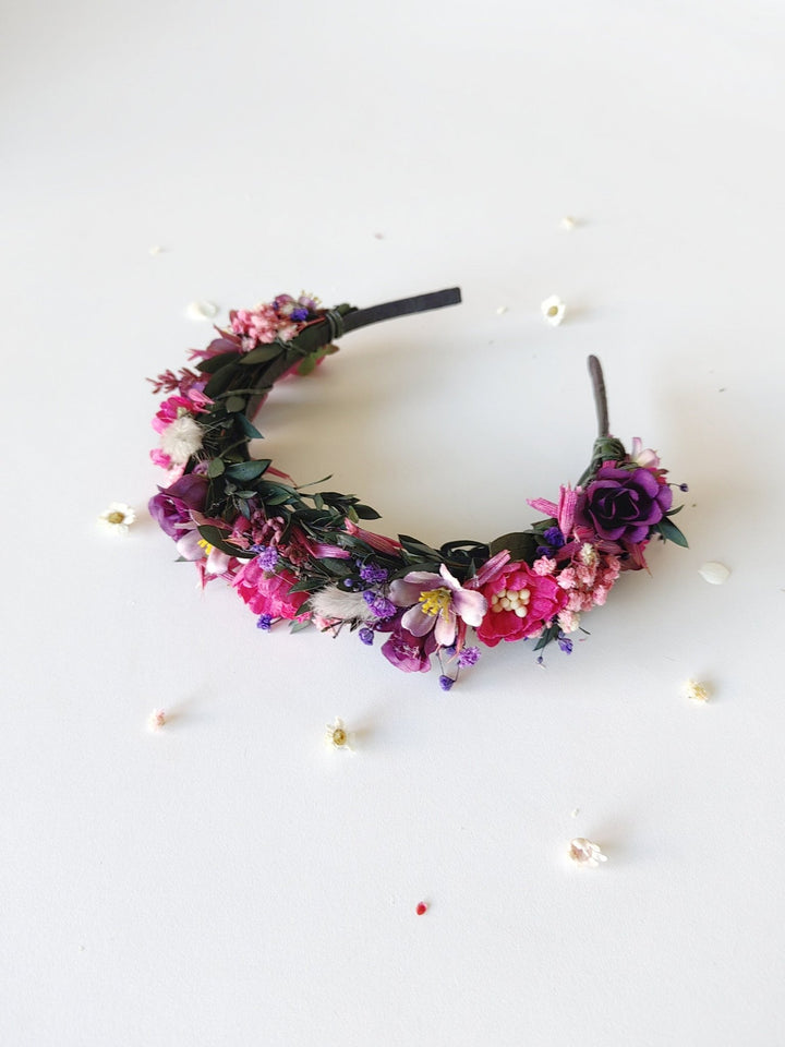 Magenta Purple Flower Headband: Boho Bridal Headpiece – handmade floral hair accessory by magaela