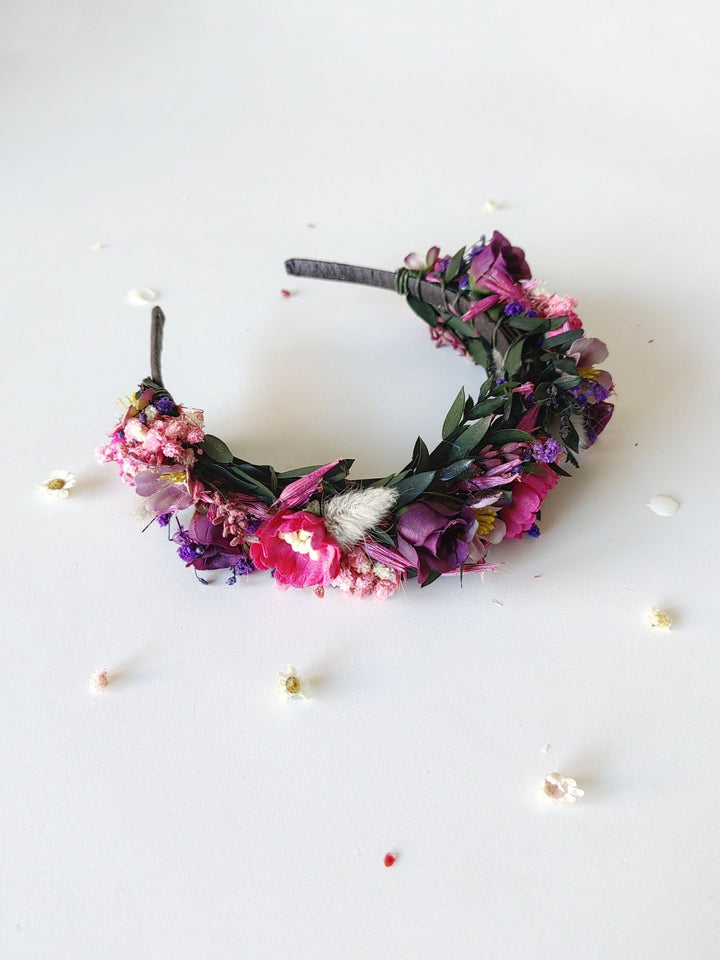 Magenta Purple Flower Headband: Boho Bridal Headpiece – handmade floral hair accessory by magaela