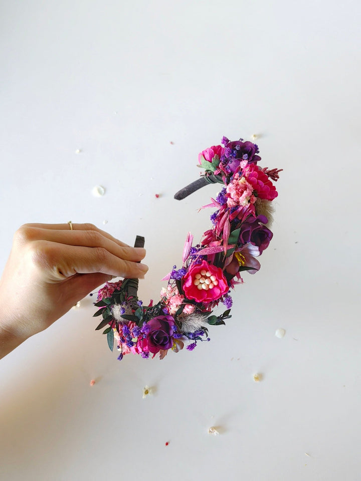 Magenta Purple Flower Headband: Boho Bridal Headpiece – handmade floral hair accessory by magaela