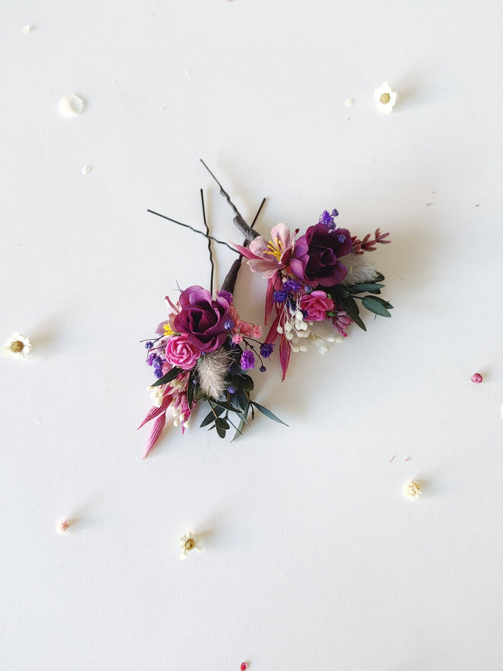 Purple Flower Hairpins: Magenta Wedding Bridal Hair Accessory – handmade floral hair accessory by magaela