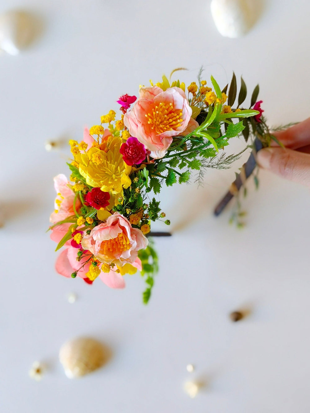 Boho Flower Headband: Pink, Yellow & Green Bridal Headpiece – handmade floral hair accessory by magaela
