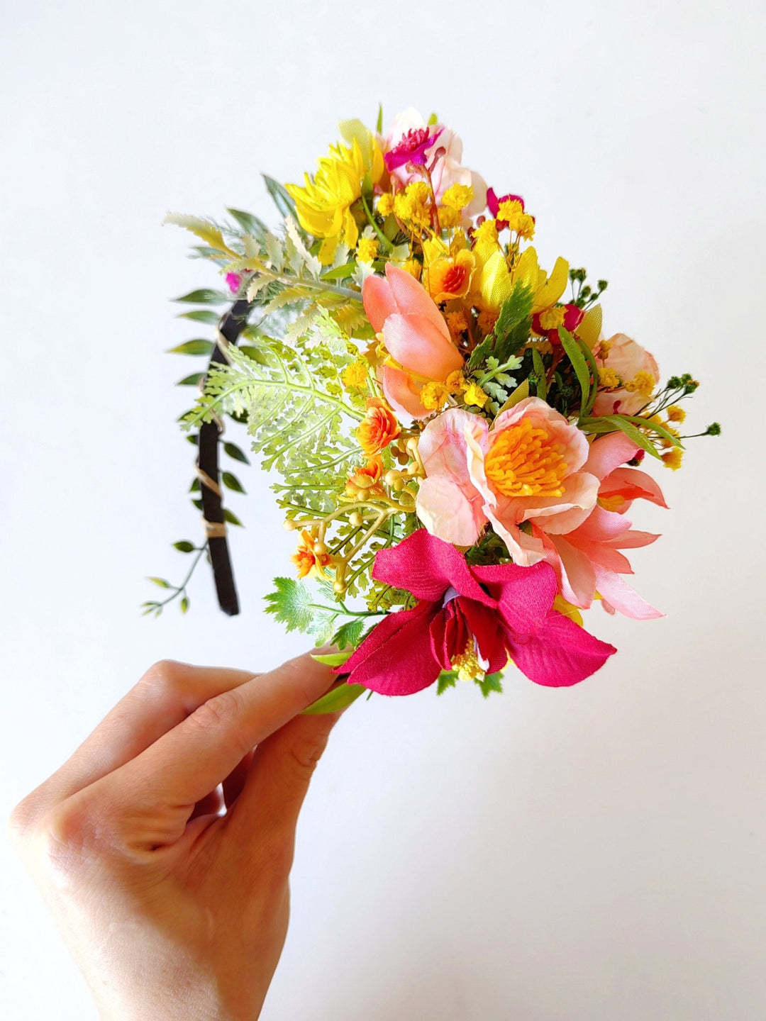 Boho Flower Headband: Pink, Yellow & Green Bridal Headpiece – handmade floral hair accessory by magaela