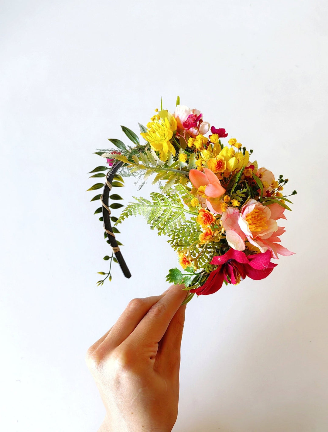 Boho Flower Headband: Pink, Yellow & Green Bridal Headpiece – handmade floral hair accessory by magaela