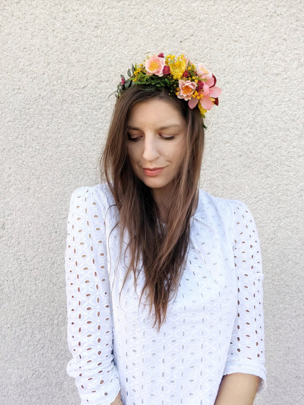 Boho Flower Headband: Pink, Yellow & Green Bridal Headpiece – handmade floral hair accessory by magaela