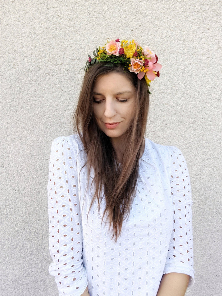 Boho Flower Headband: Pink, Yellow & Green Bridal Headpiece – handmade floral hair accessory by magaela