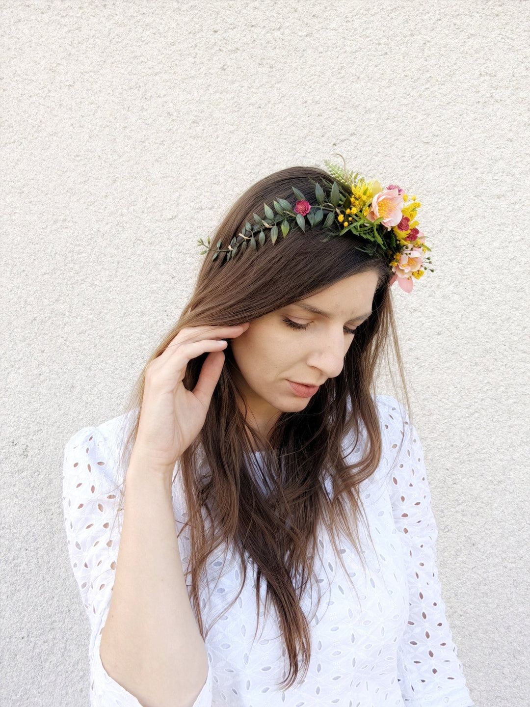 Boho Flower Headband: Pink, Yellow & Green Bridal Headpiece – handmade floral hair accessory by magaela