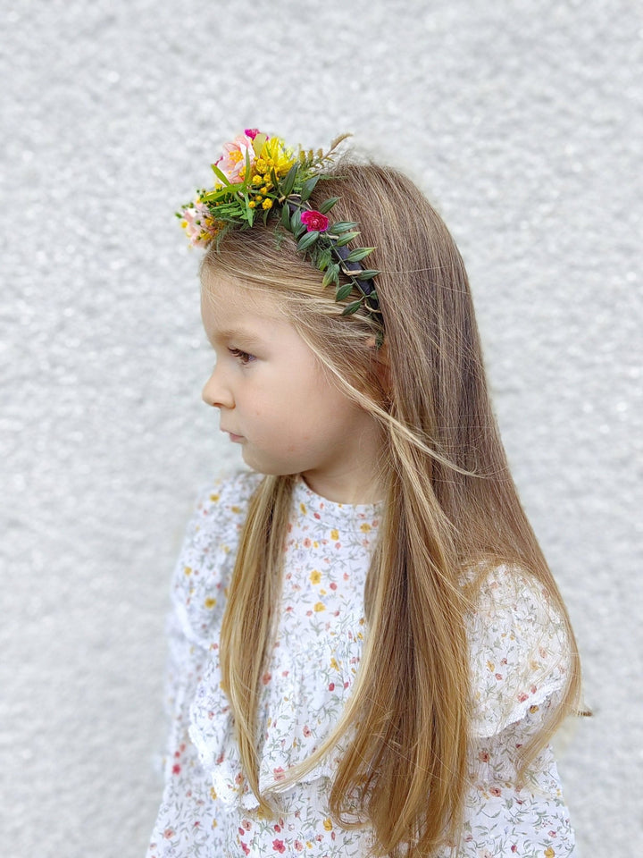 Boho Flower Headband: Pink, Yellow & Green Bridal Headpiece – handmade floral hair accessory by magaela