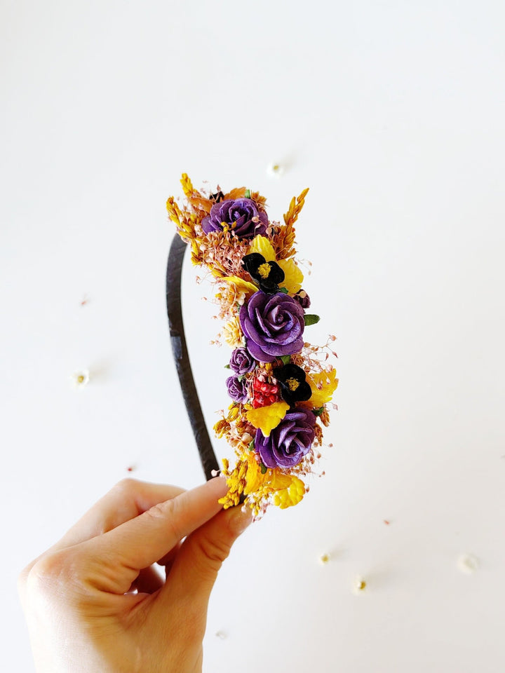 Autumn Flower Headband: Bridal Wedding Crown, Purple Roses – handmade floral hair accessory by magaela