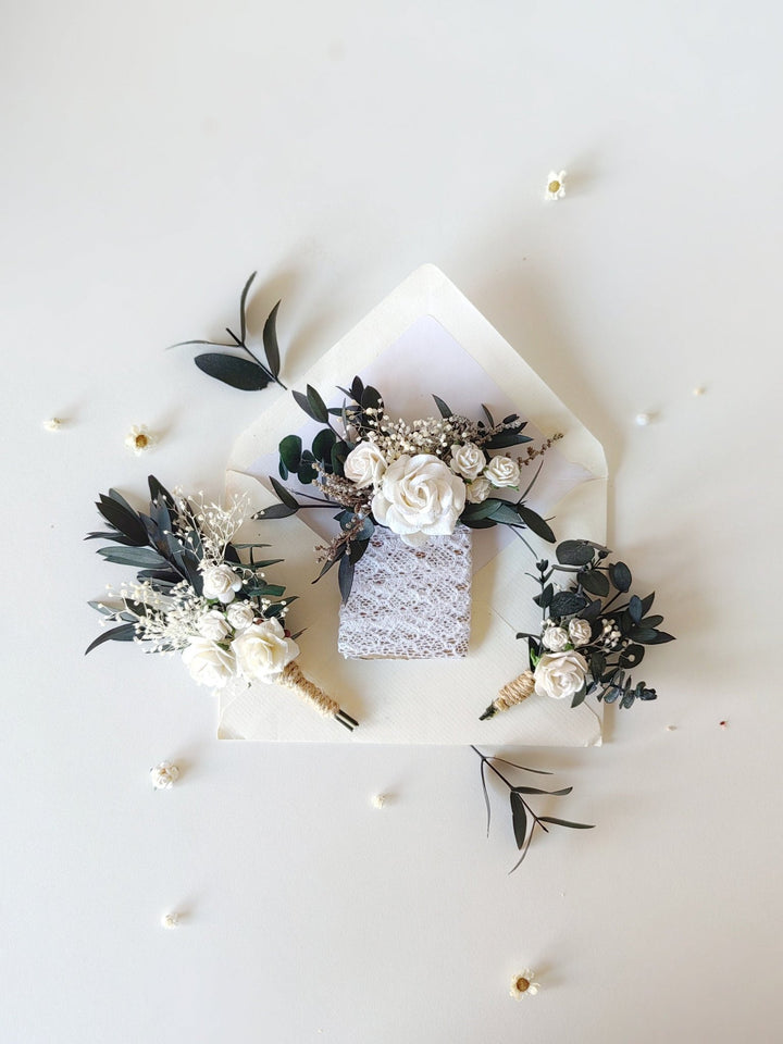 Green & White Pocket Boutonniere: Rustic Wedding Accessories – handmade floral hair accessory by magaela
