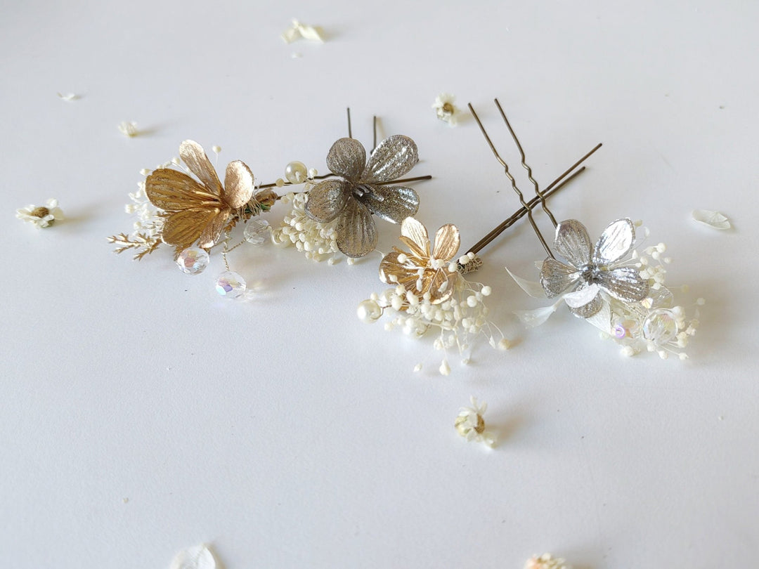 Gold & Silver Floral Hair Pins: Glam Wedding Hair Accessory – handmade floral hair accessory by magaela