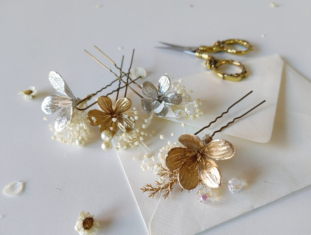 Gold & Silver Floral Hair Pins: Glam Wedding Hair Accessory – handmade floral hair accessory by magaela